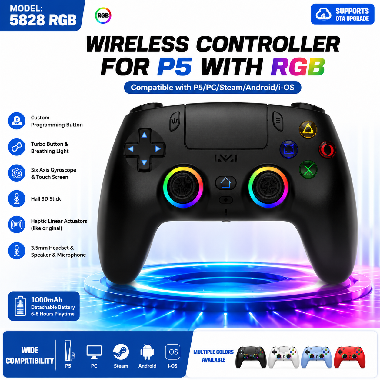 Wireless Game Controller Compatible with PS5, PC, Steam Deck - Six-Axis Gyro, Dual Vibration & Built-in Speaker