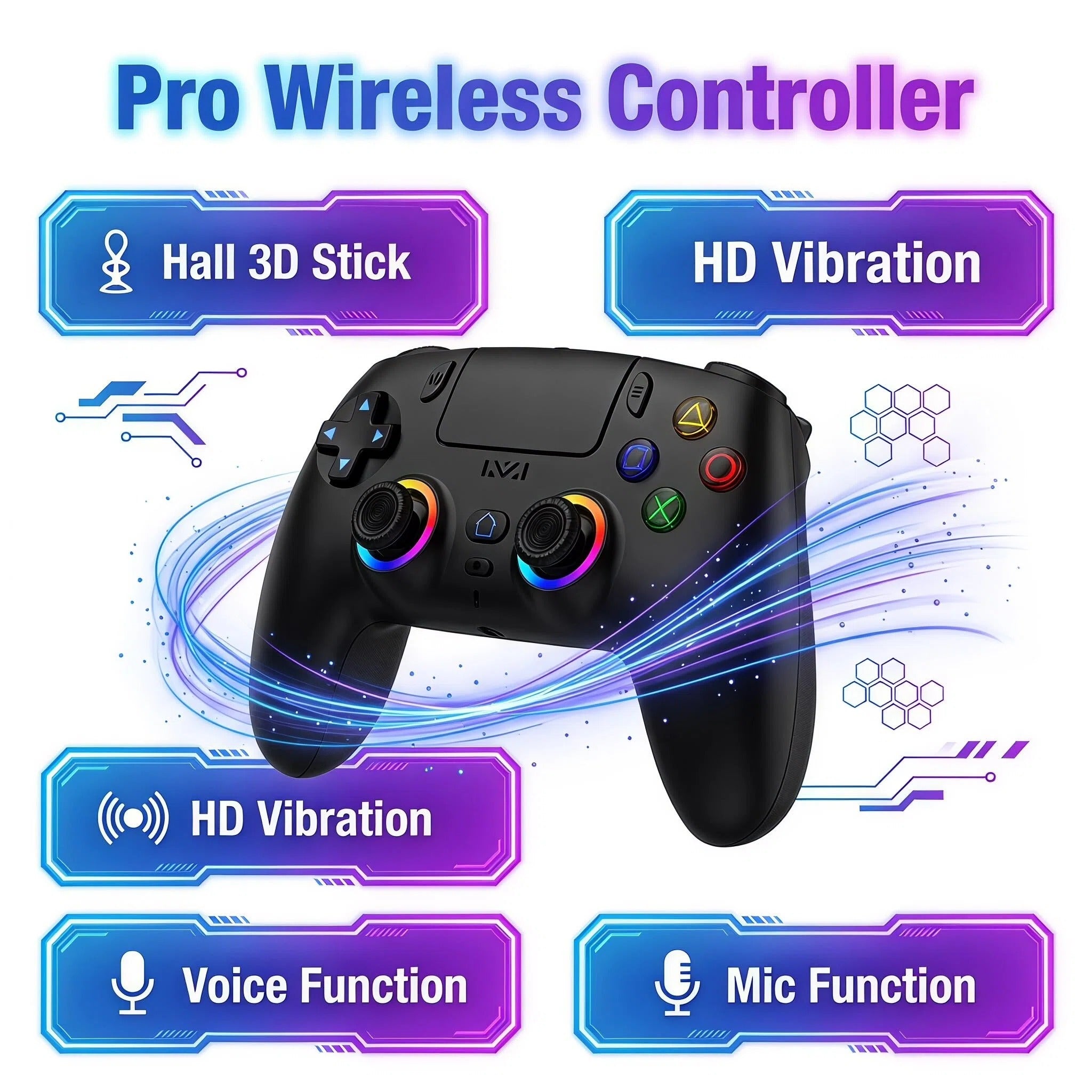 Wireless Game Controller Compatible with PS5, PC, Steam Deck - Six-Axis Gyro, Dual Vibration & Built-in Speaker