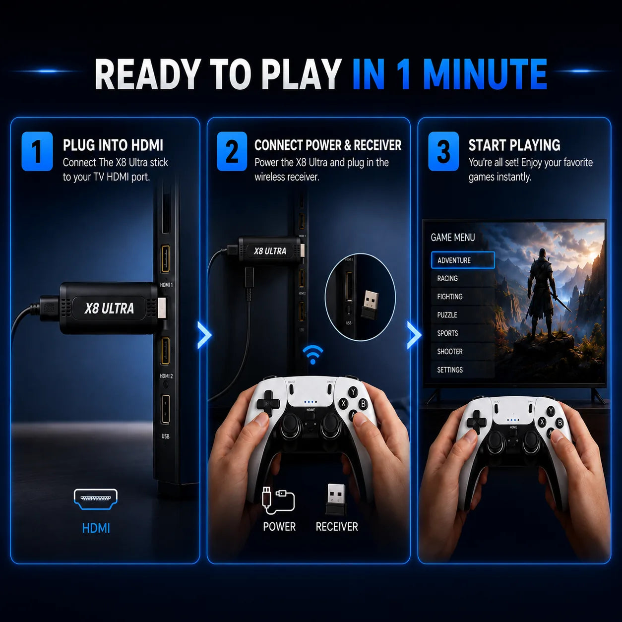 X8 Ultra game stick connected to an HDMI television